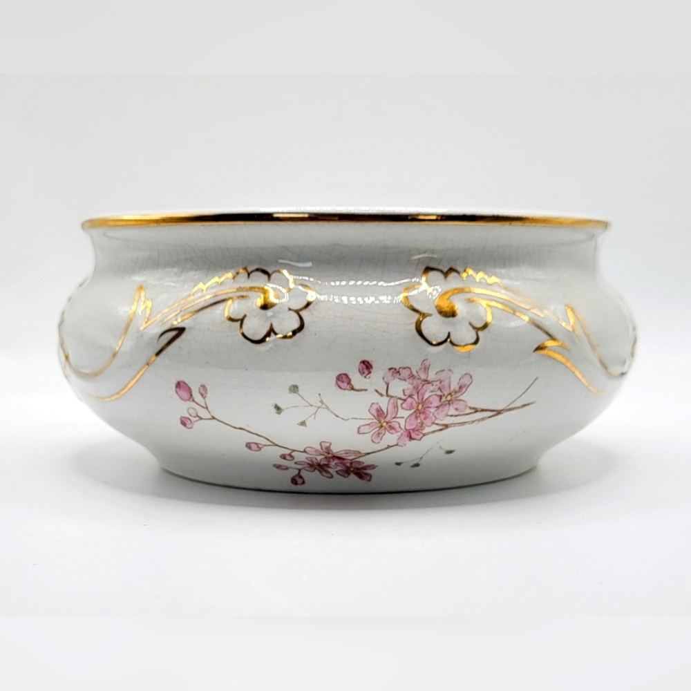 Vintage DIANA J &EM  Floral Shaving Bowl ? Trinket Dish Guilding Pink Flowers